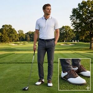 FootJoy Mens Size 9 M Contour Series Golf Shoes White Brown Saddle Soft Spiked